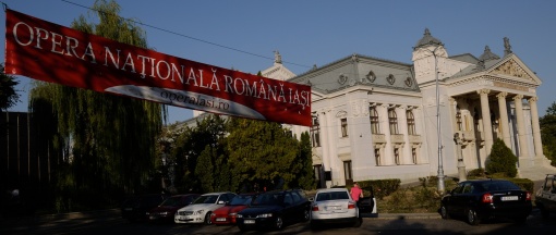 The 'national theatre', Iasi, with street banner advertising opera